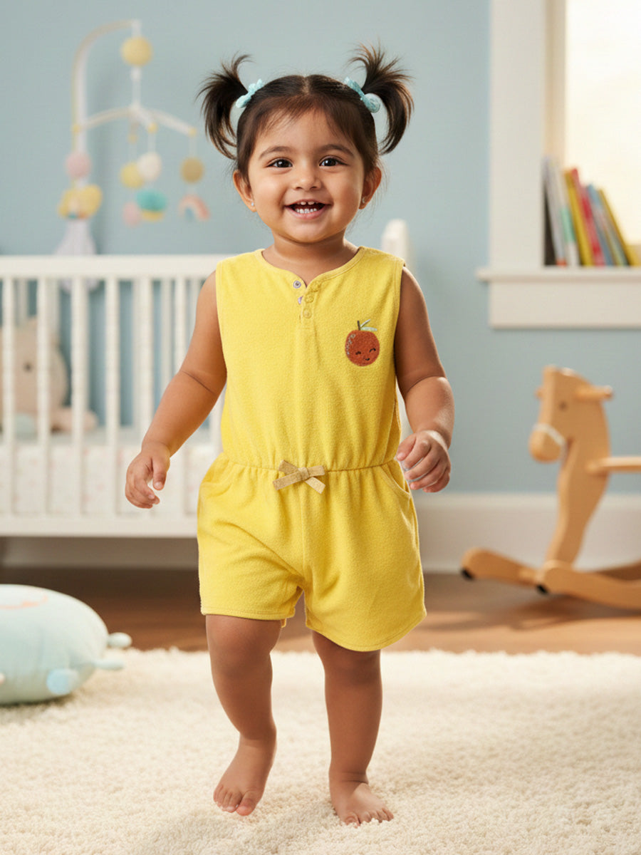 Yellow Color Jumpsuit in Terry Fabric with Orange Embroidery | 0–3M to 3Y