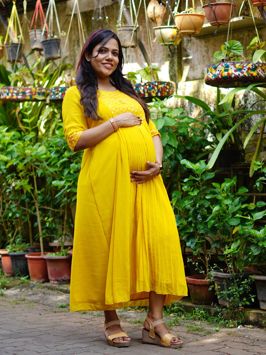 Sunshine Elegance Yellow Maternity Party-Wear Dress with D-Net Yoke