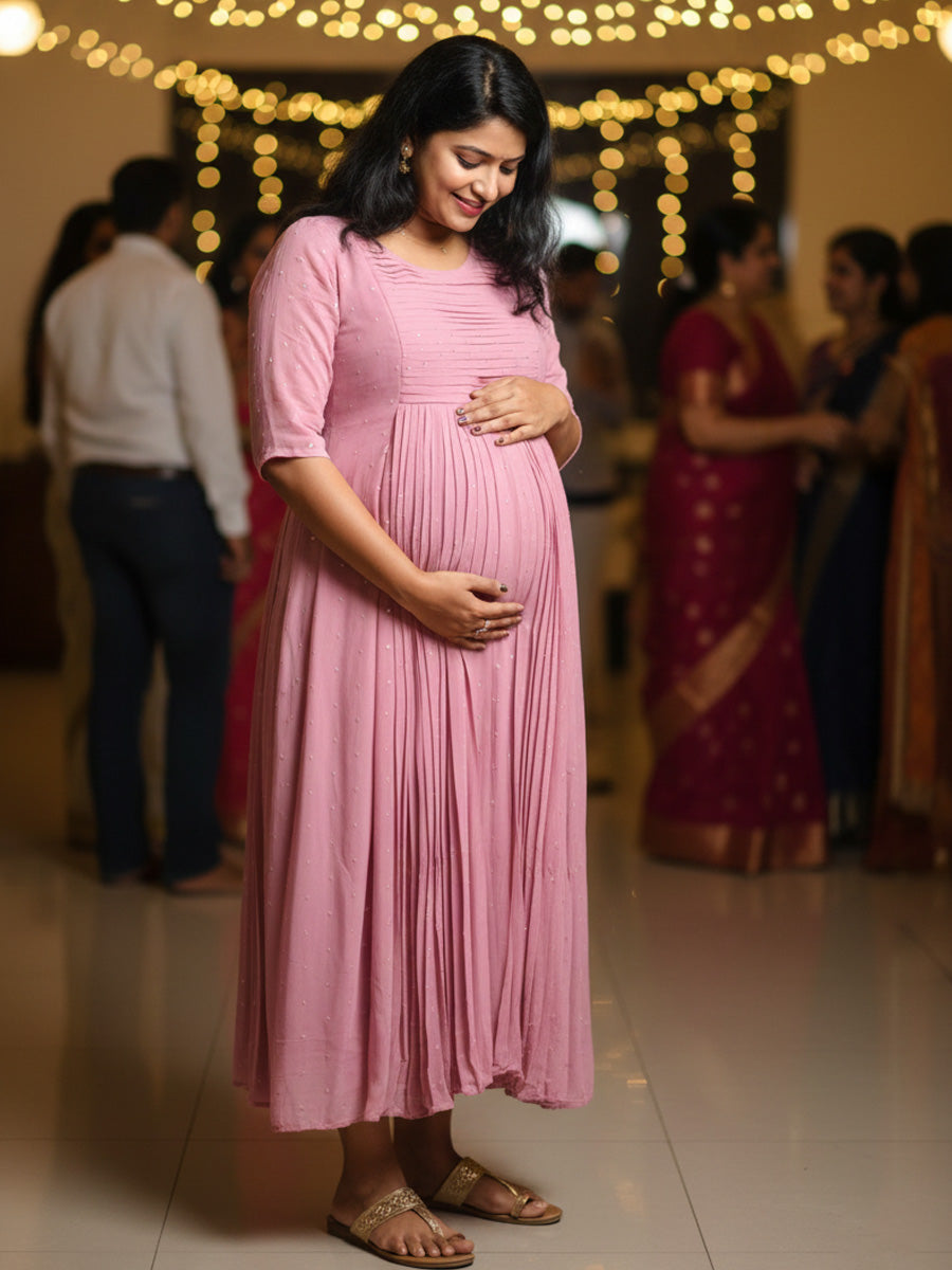 Dusty Pink Pleated Party Wear Maternity & Nursing Dress – Ziva