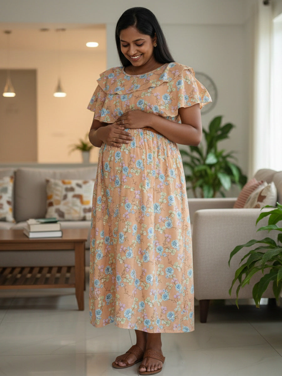 Light Orange Floral Overlay Maternity & Feeding Dress