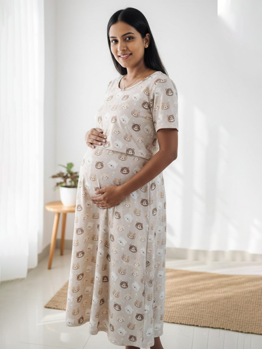 Zipless Maternity & Feeding Dress – Calf Length Beige Bear Print | Ziva