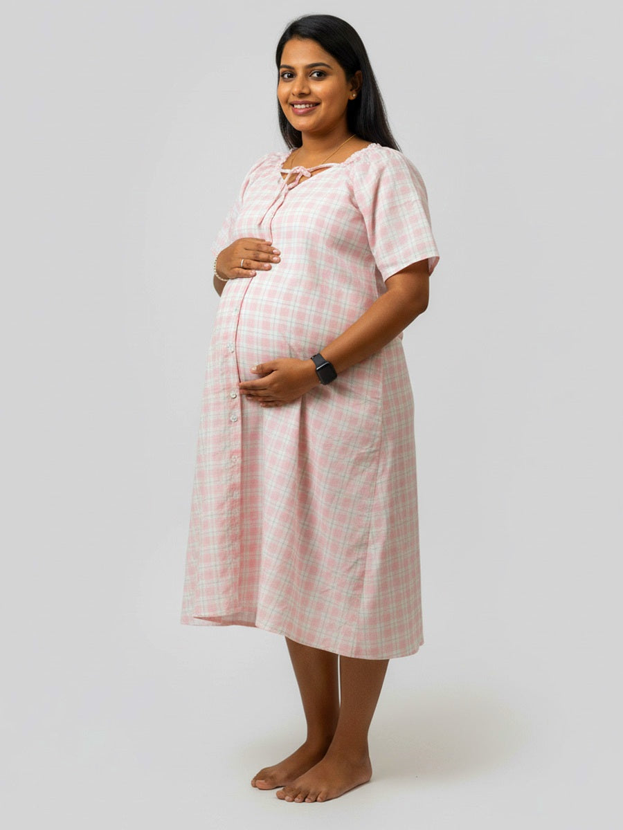 Pink Checks Maternity & Nursing Nighty – Cotton Raglan Sleeve by Ziva