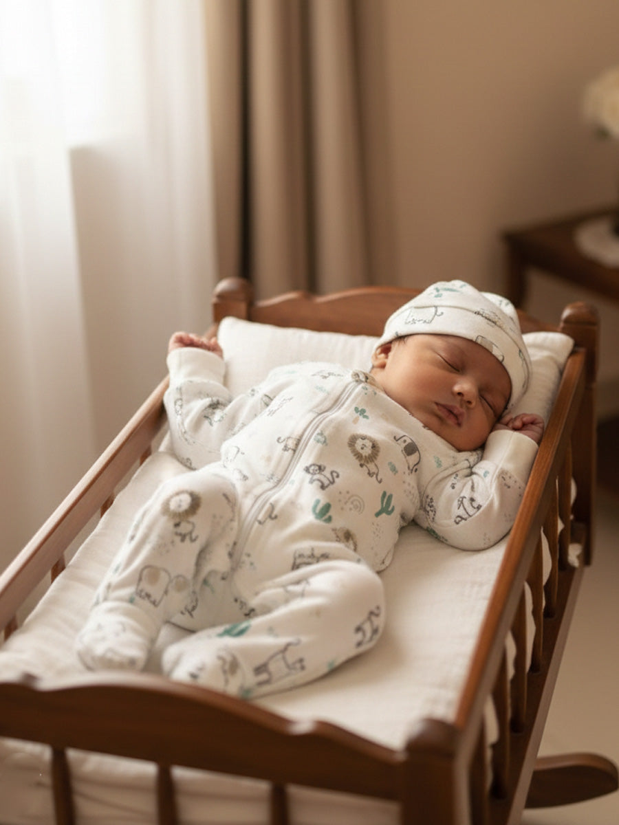 Ziva Knitted Cotton Fully Covered Baby Sleepsuit with Cap – Cute Animal Print & Front Zip