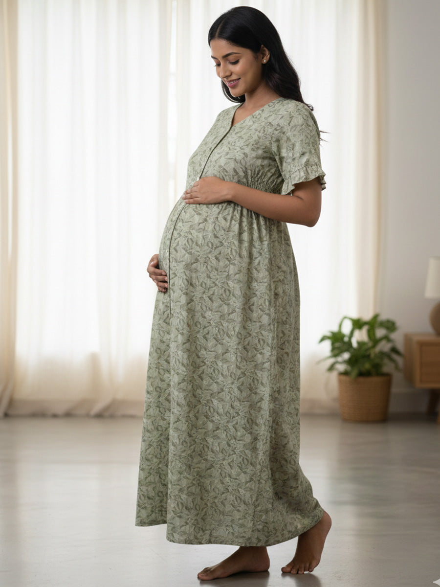 Full-Open Cotton Maternity & Nursing Nighty (Full Length) – Olive Green Leaf Print | Ziva