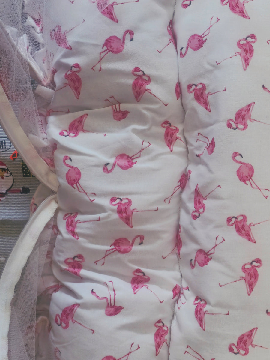 Ziva Cotton Baby Net Bed with Head Rest (Flamingo Pink Print on White Fabric)