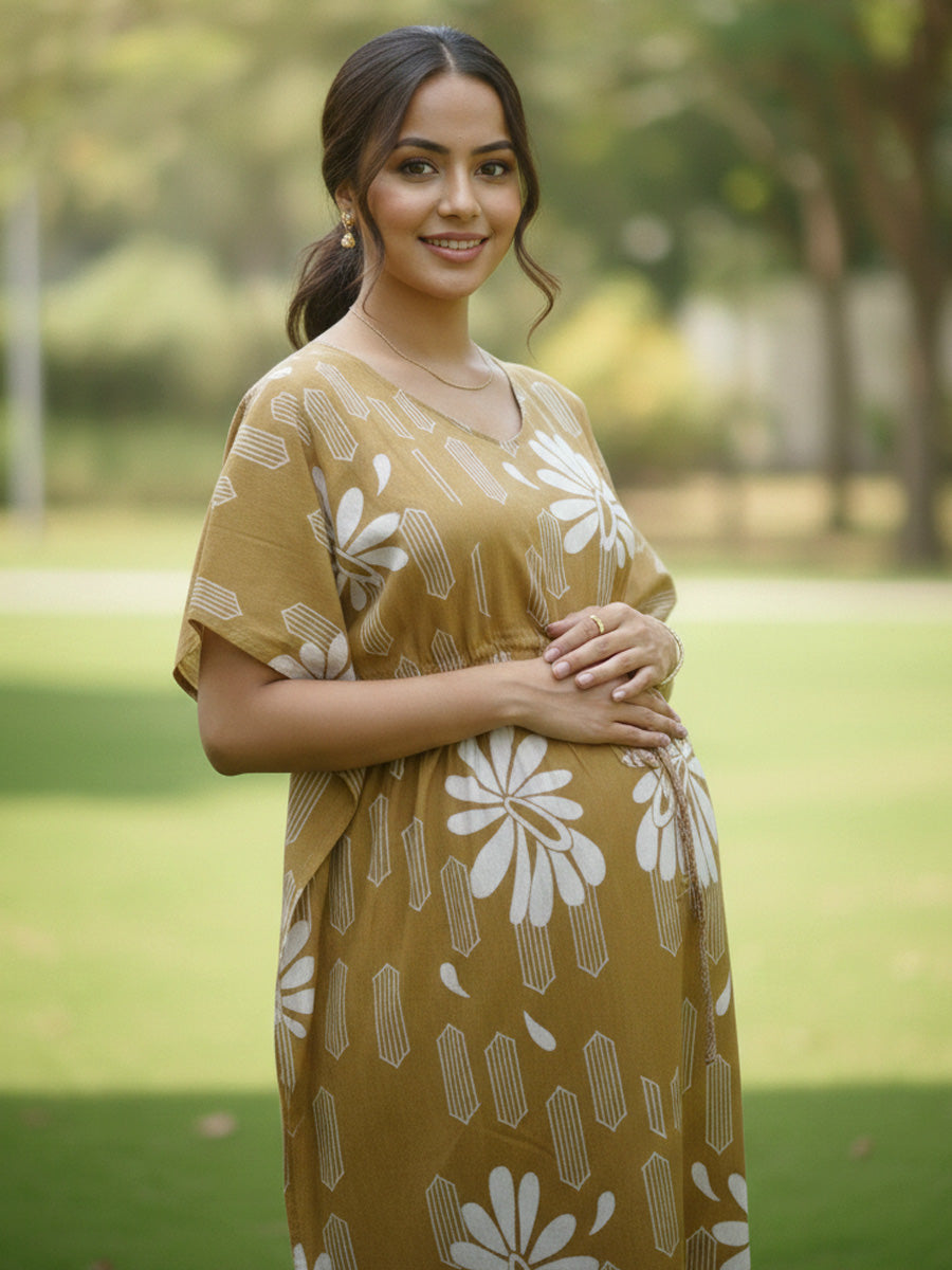 Golden Brown Floral Premium Maternity & Nursing Kaftan | Ziva