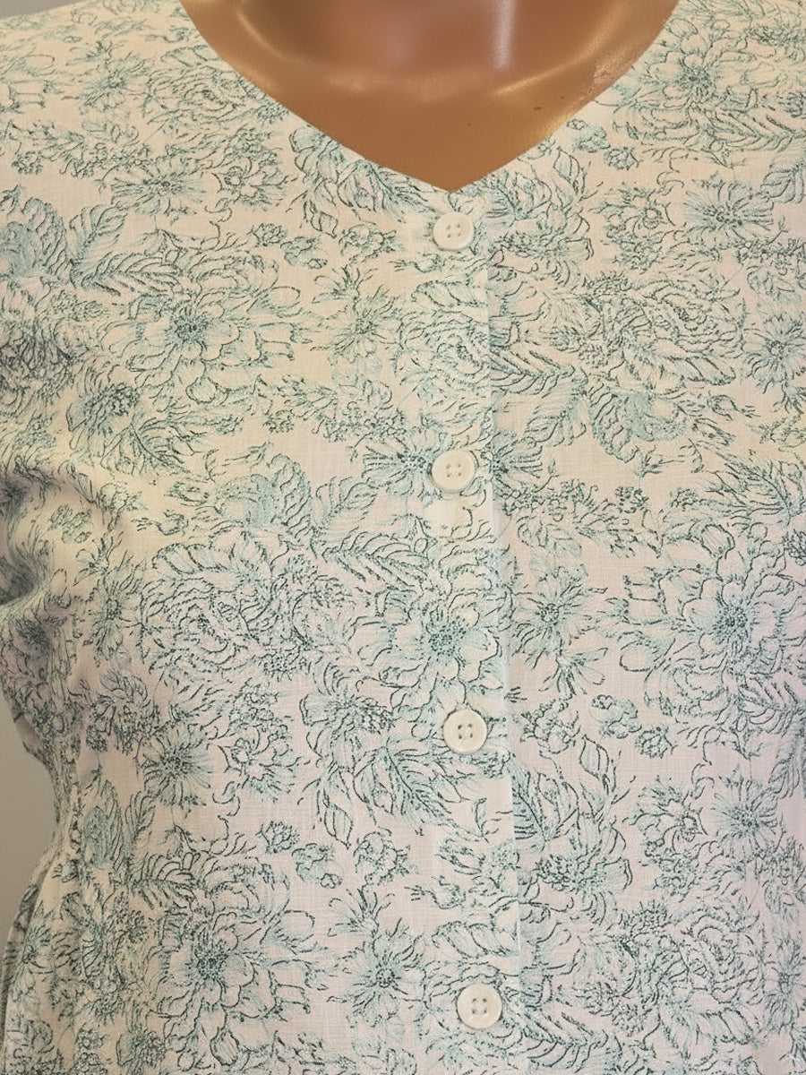 Ziva Cotton Full-Open Full-Length Maternity & Nursing Nighty – White & Aqua Blue Floral Print
