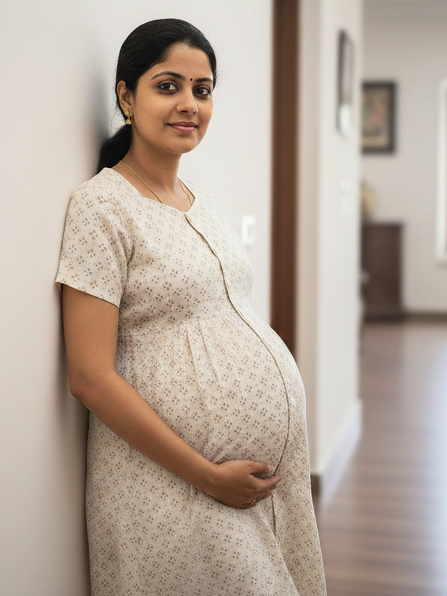 Ziva Cotton Full Open Short Maternity & Nursing Nighty – Cream Floral Print