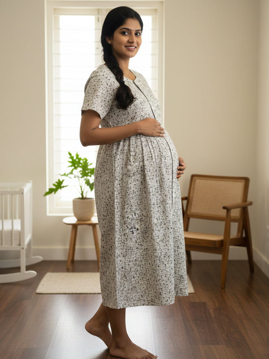 Cotton Full-Open Short Maternity Nighty – White Dobby Print | ziva