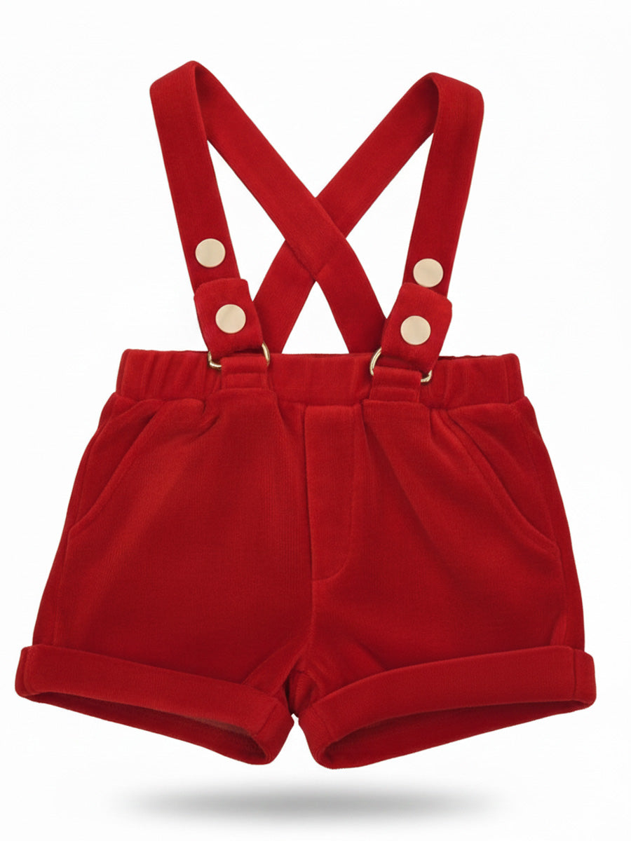 White Collared Shirt & Red Strap Shorts Baby Outfit – Festive & Stylish Set