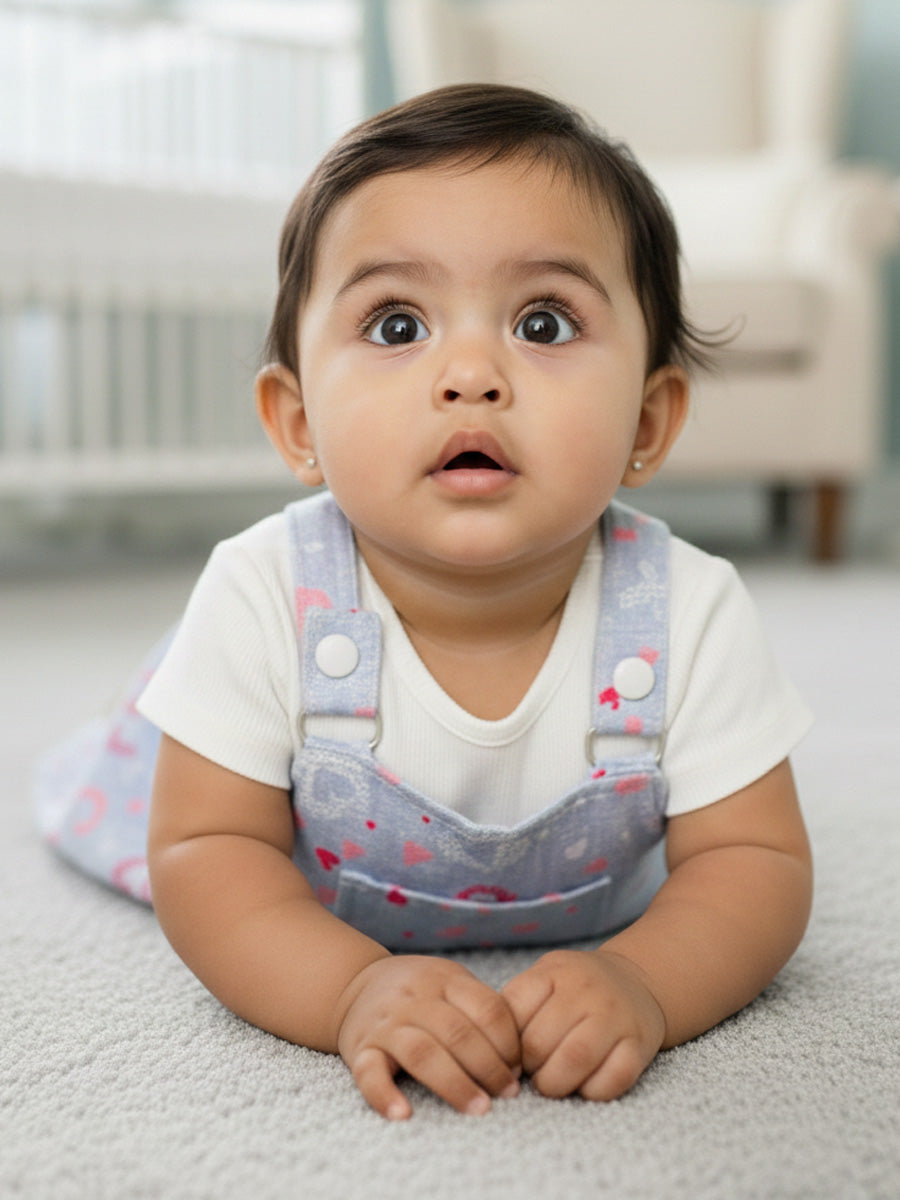 Grey-Blue Heart Print Overall Dress with White Inner Top – Soft Knitted Baby Girl Set