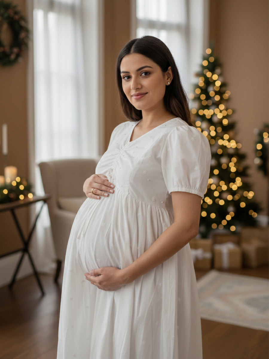 White Cotton Maternity & Feeding Dress with Bead & Thread Work – Christmas Edition