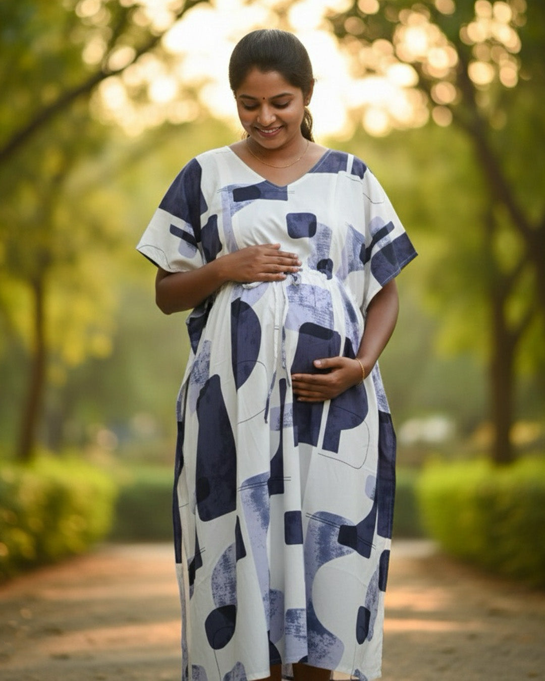 Maternity & Nursing Kaftan – White with Navy, Indigo & Lavender Abstract Print & Dual Zips | Ziva