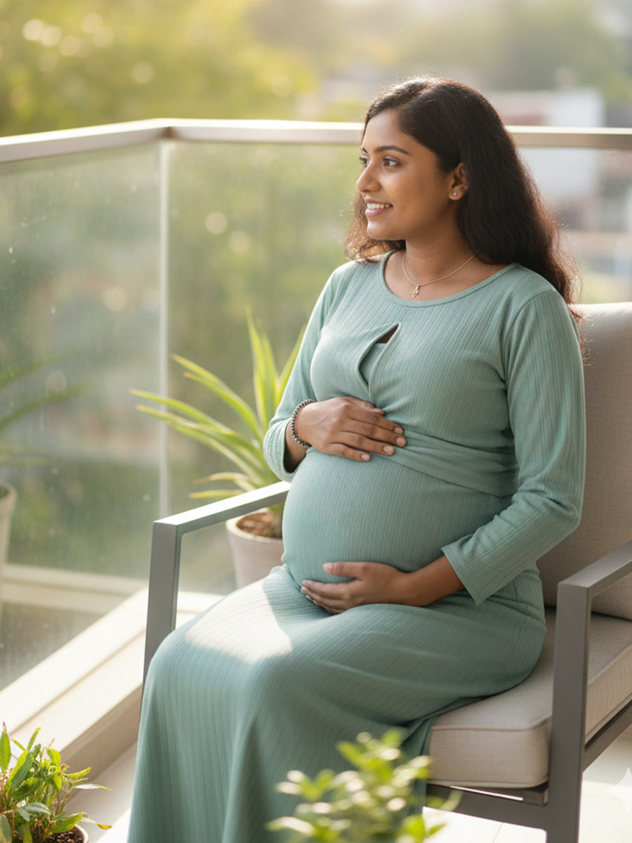 Green Twisty Knit Cotton Maternity & Nursing Dress (Zipless Feeding) – Ziva