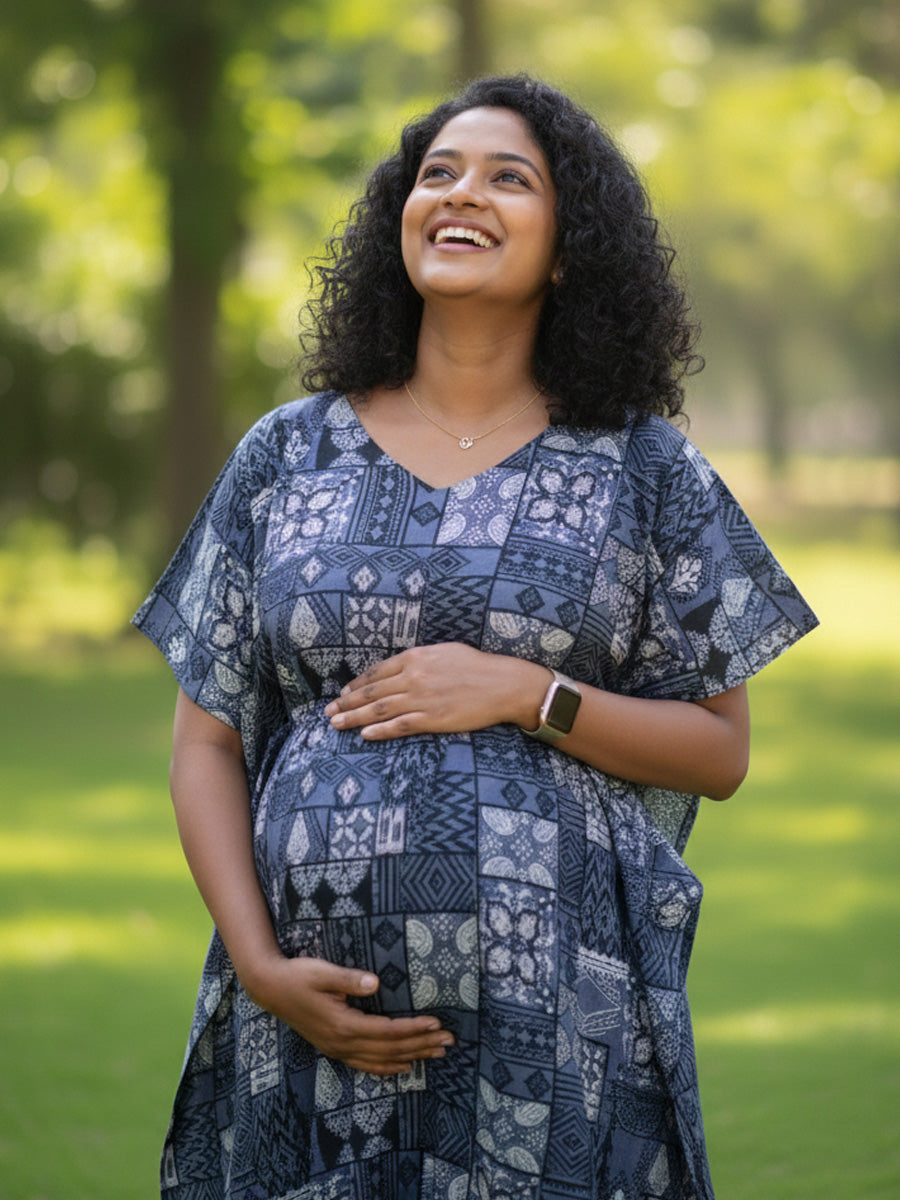 Greyish Blue Patchwork Maternity & Feeding Kaftan with Dual Nursing Zips |ziva