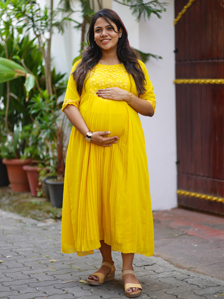Sunshine Elegance Yellow Maternity Party-Wear Dress with D-Net Yoke