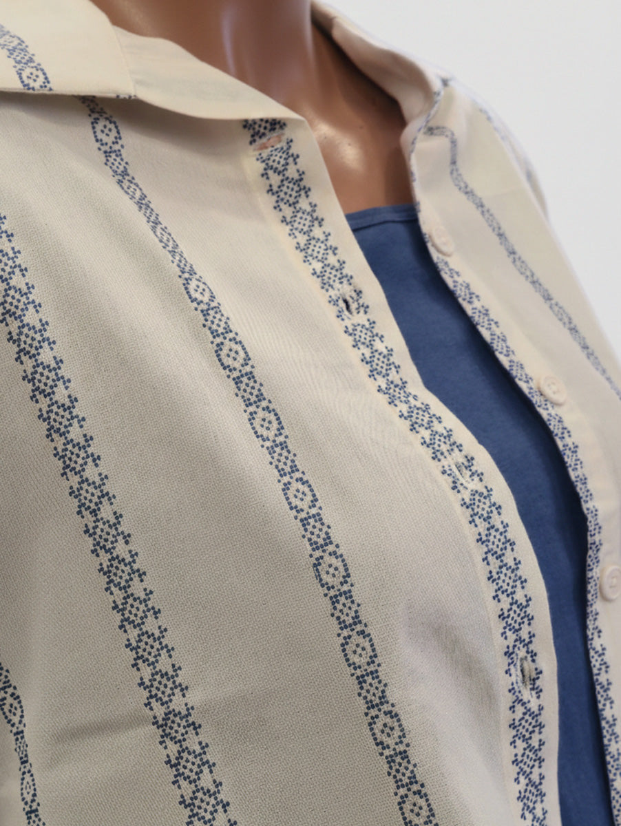 Ziva Light Cream & Blue Cotton Striped Maternity & Feeding Co-ord Set with Inner Baniyan (3-Piece Set)