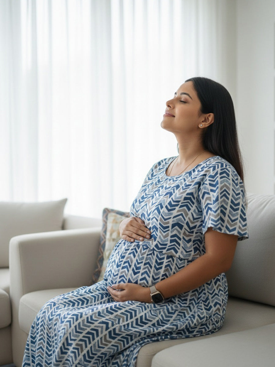 White base blue & grey Chevron Printed Zipless Knitted Maternity & Nursing Dress | Ziva