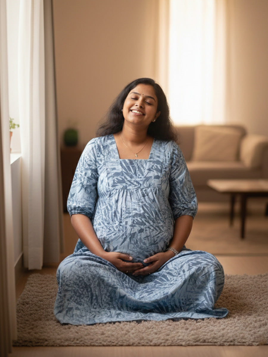 Light Blue Cotton Floral Maternity & Feeding Dress – Square Neck