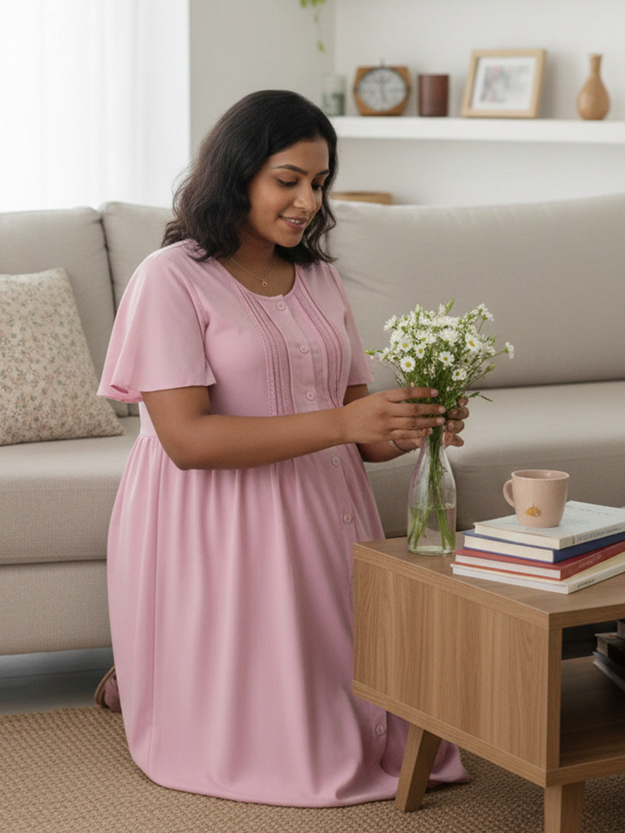 Pink Full-Open Short Maternity & Feeding Nighty – Elegant Plain Design