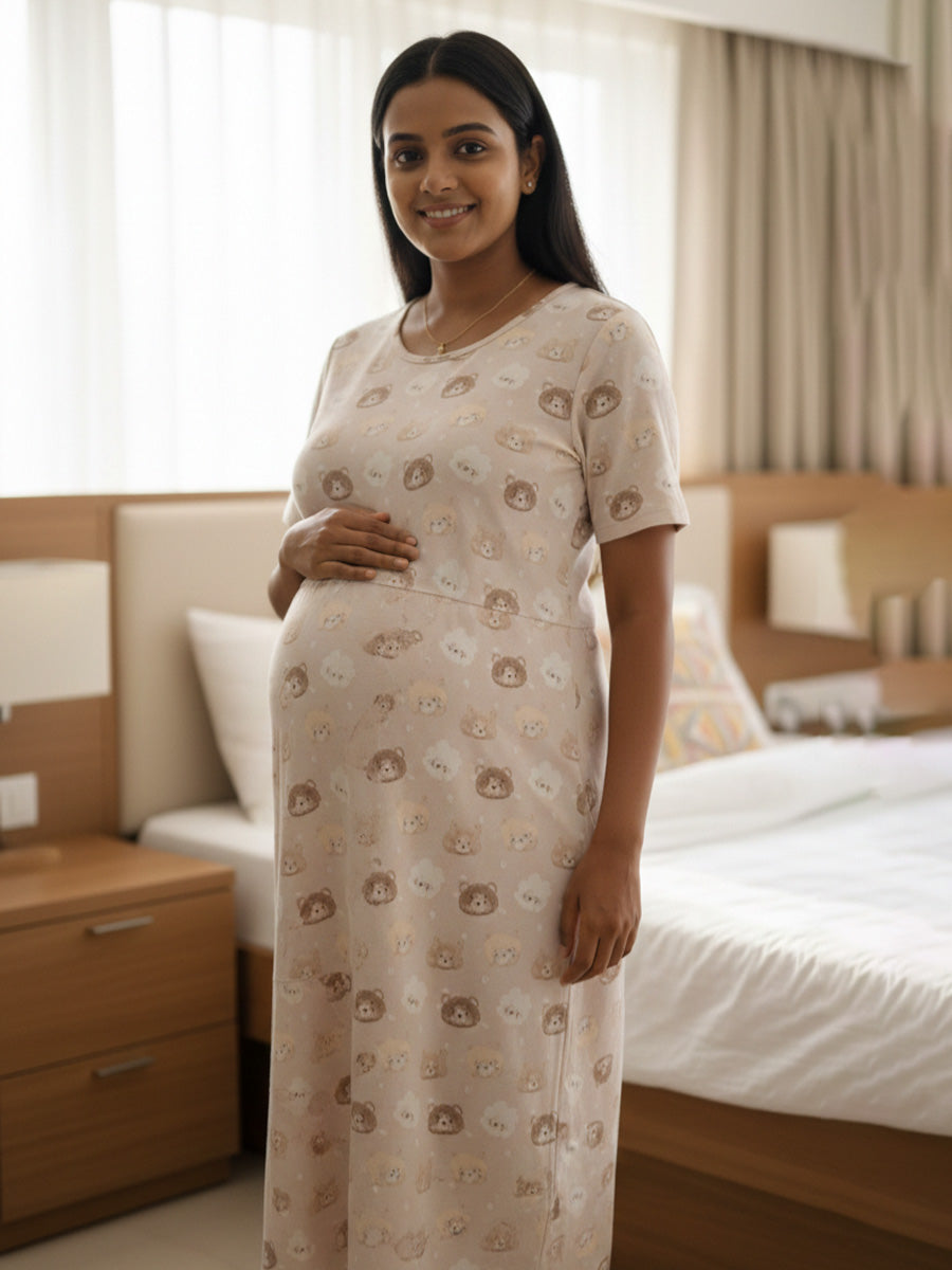 Zipless Maternity & Feeding Dress – Calf Length Beige Bear Print with Adjustable Tie and Side Pocket | Ziva