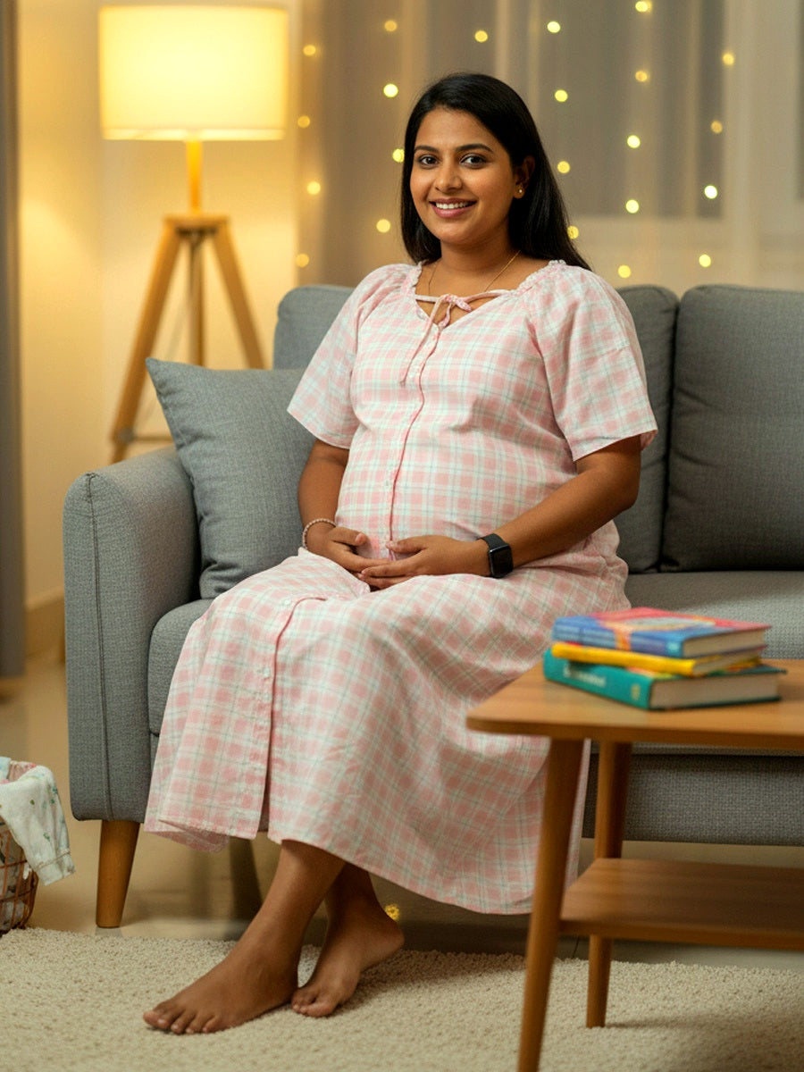 Pink Checks Maternity & Nursing Nighty – Cotton Raglan Sleeve by Ziva