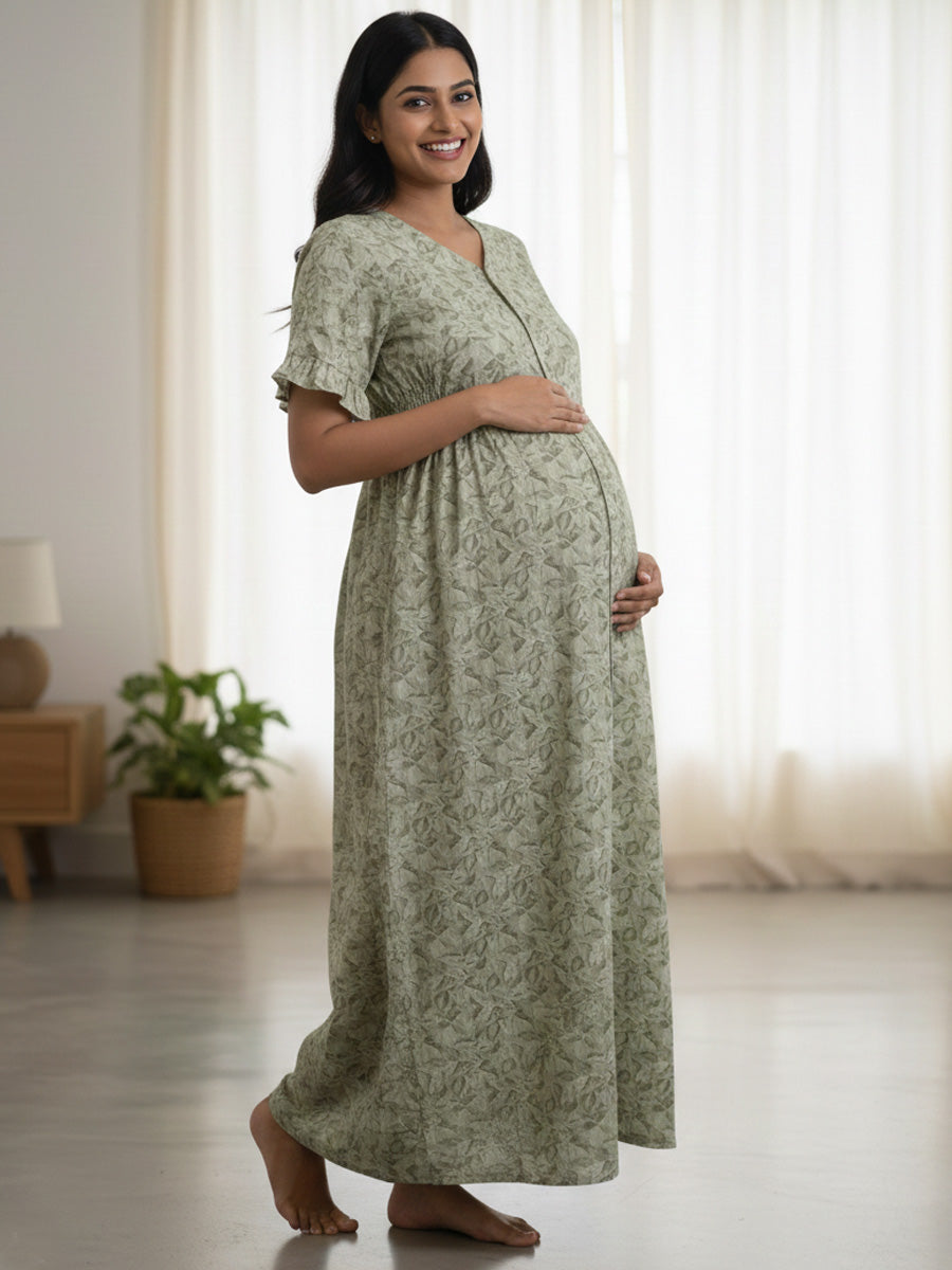 Full-Open Cotton Maternity & Nursing Nighty (Full Length) – Olive Green Leaf Print | Ziva