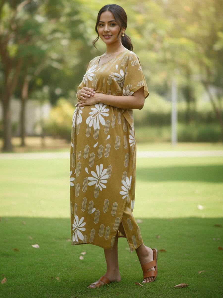 Golden Brown Floral Premium Maternity & Nursing Kaftan | Ziva