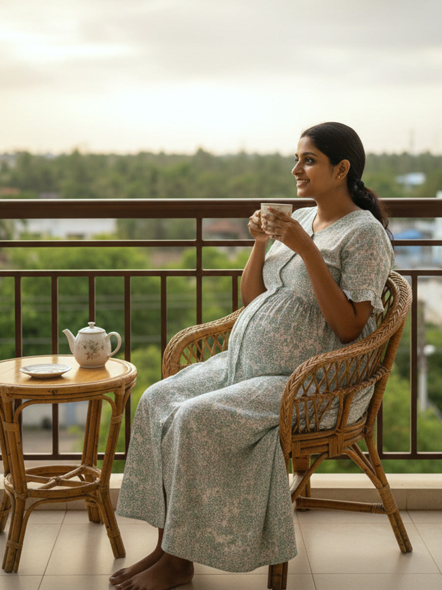 Ziva Cotton Full-Open Full-Length Maternity & Nursing Nighty – White & Aqua Blue Floral Print