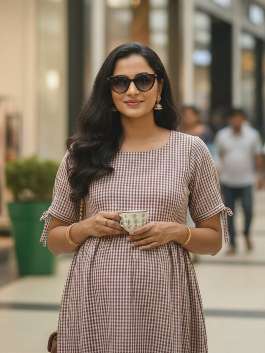 Trendy Maternity & Feeding Dress – Light Cocoa Brown & Cream Gingham (Seersucker Fabric)