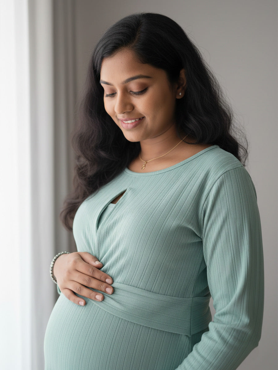 Green Twisty Knit Cotton Maternity & Nursing Dress (Zipless Feeding) – Ziva