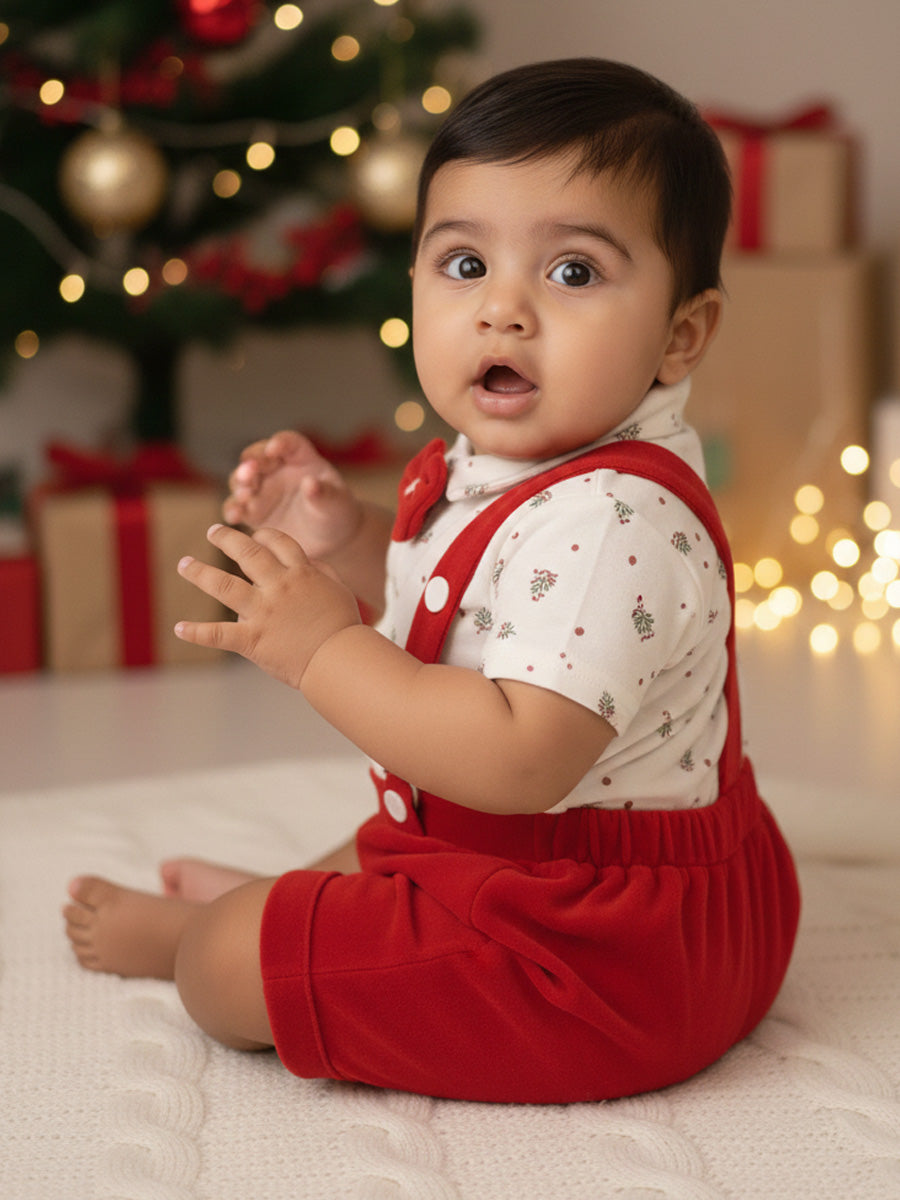 White Collared Shirt & Red Strap Shorts Baby Outfit – Festive & Stylish Set