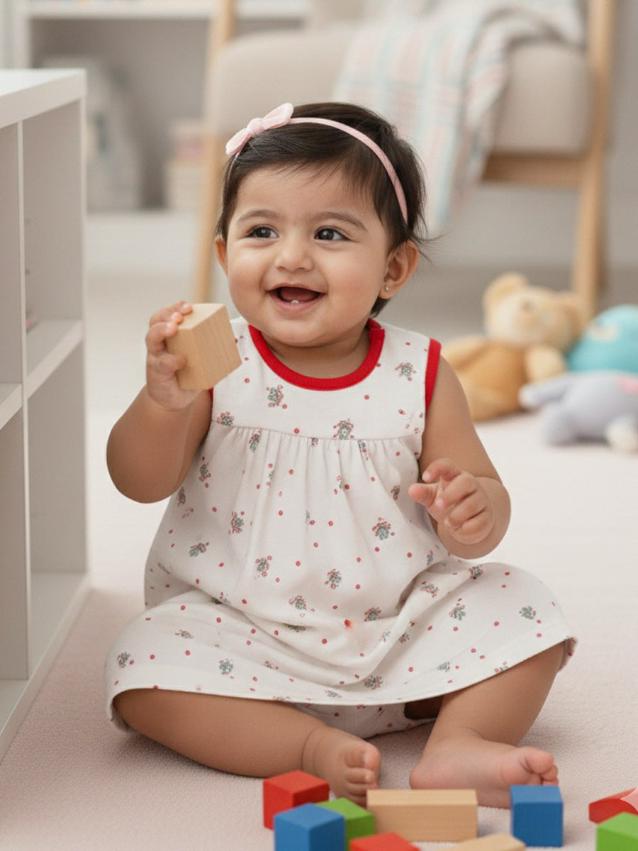 White Christmas Bow Print Baby Girl Sleeveless Dress with Built-In Bloomers