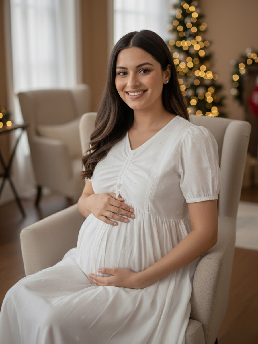 White Cotton Maternity & Feeding Dress with Bead & Thread Work – Christmas Edition