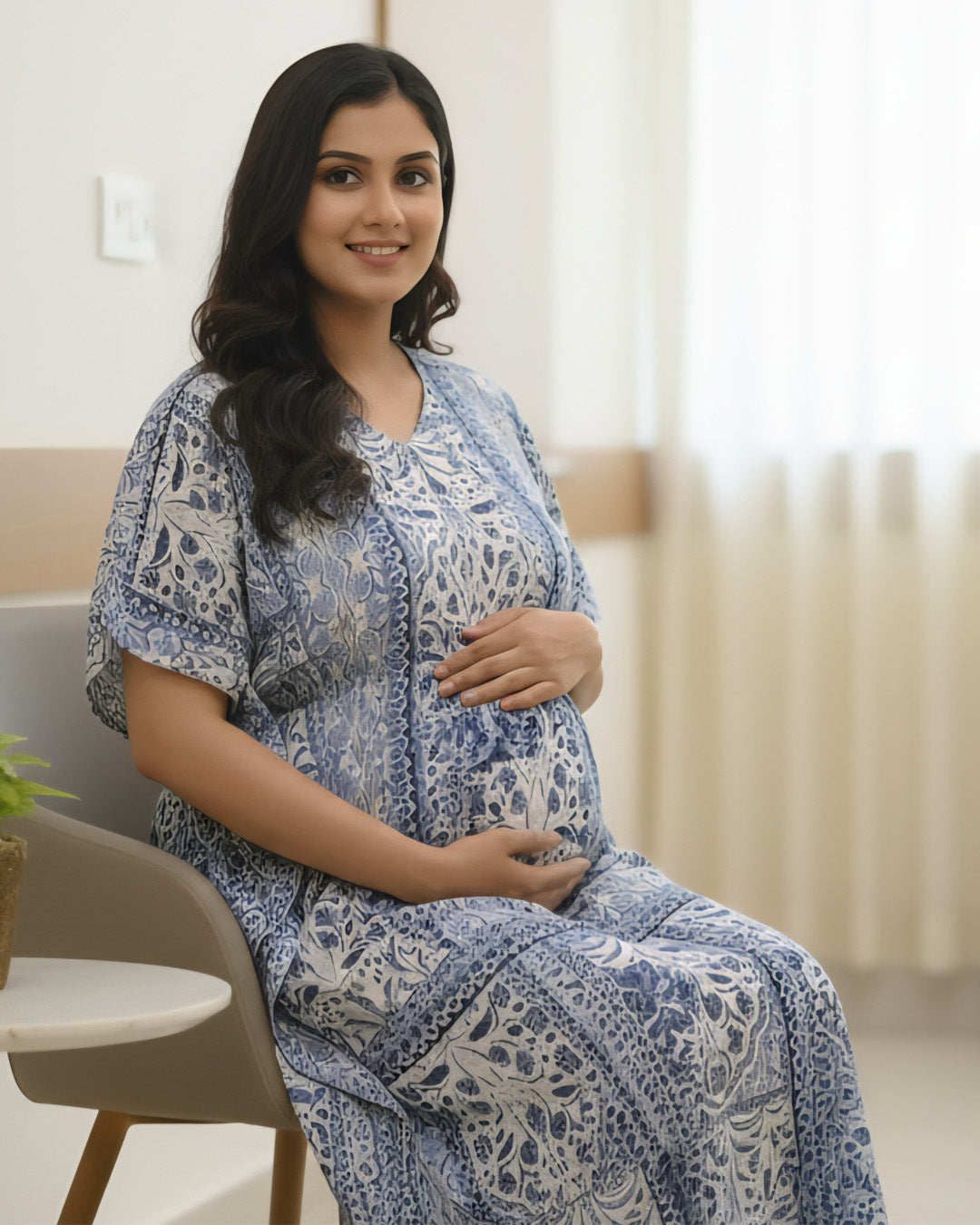 Maternity & Nursing Kaftan – White with Blue Paisley Print, Dual Zip Feeding Access | ziva