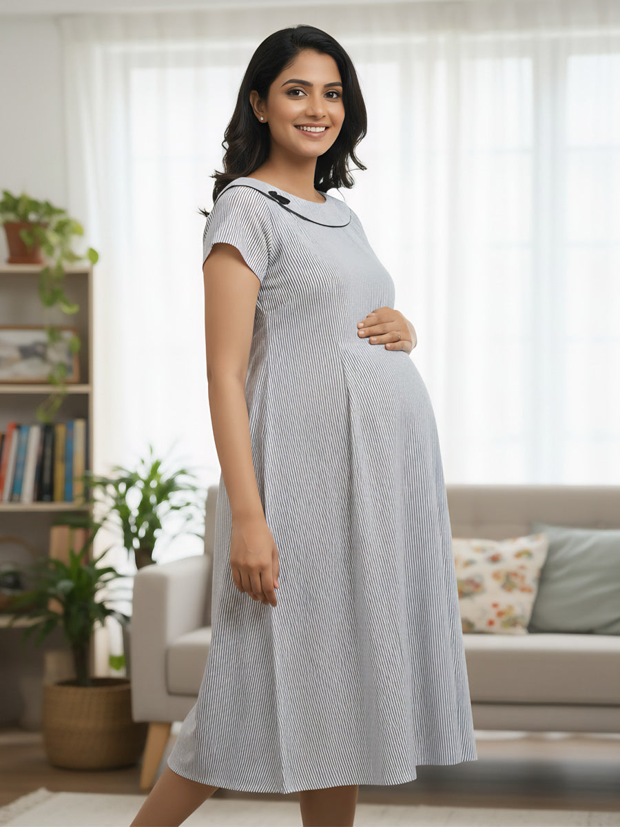 Pure Comfort Blue & Black Geometric Print Maternity & Nursing soft cotton Short Nighty | Ziva