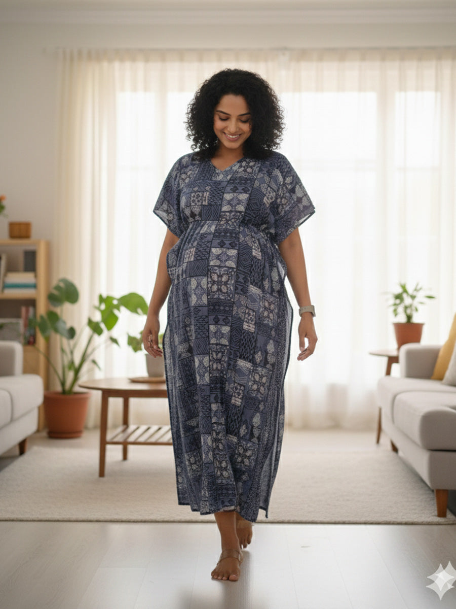 Greyish Blue Patchwork Maternity & Feeding Kaftan with Dual Nursing Zips |ziva