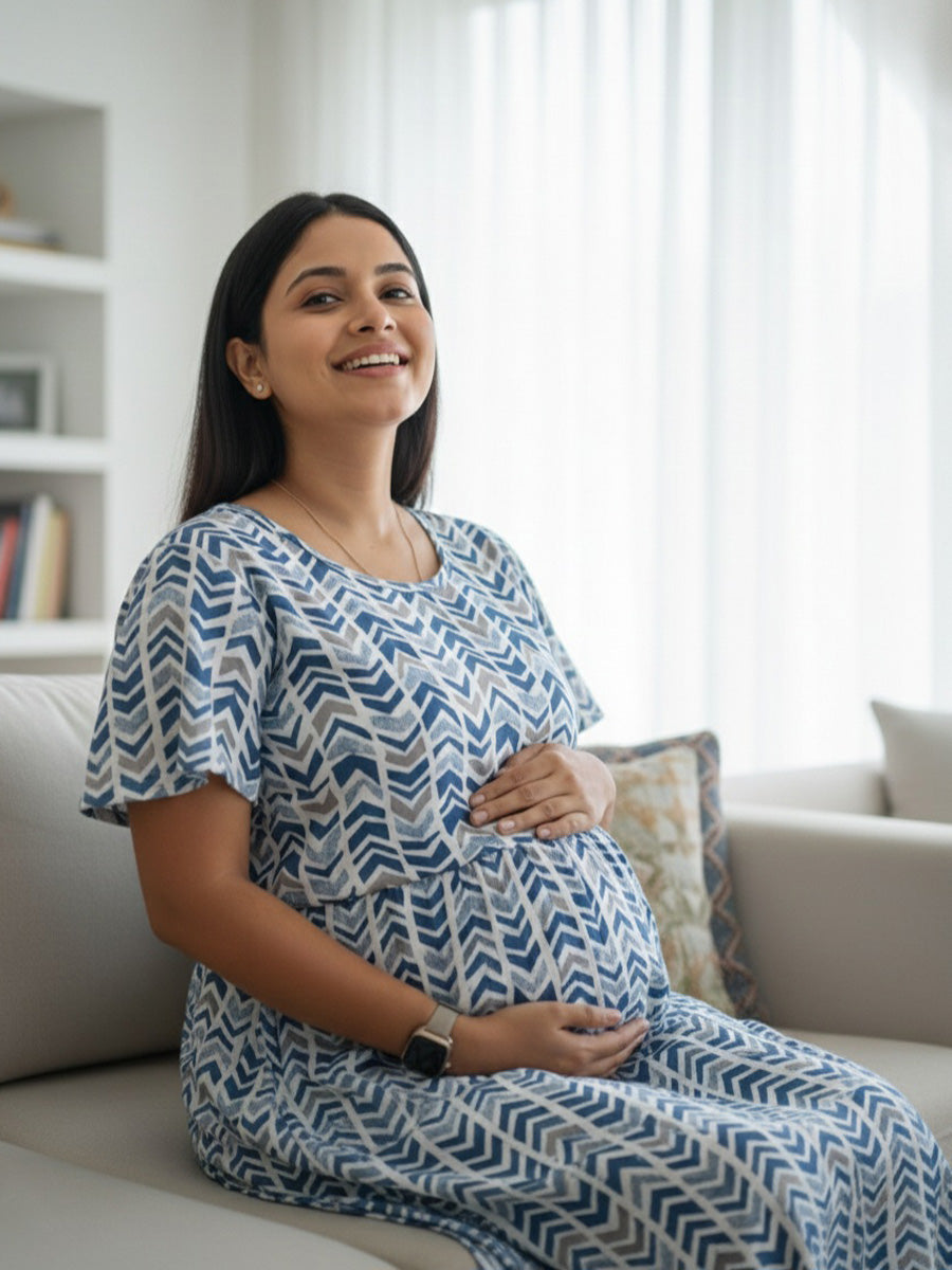 White base blue & grey Chevron Printed Zipless Knitted Maternity & Nursing Dress | Ziva