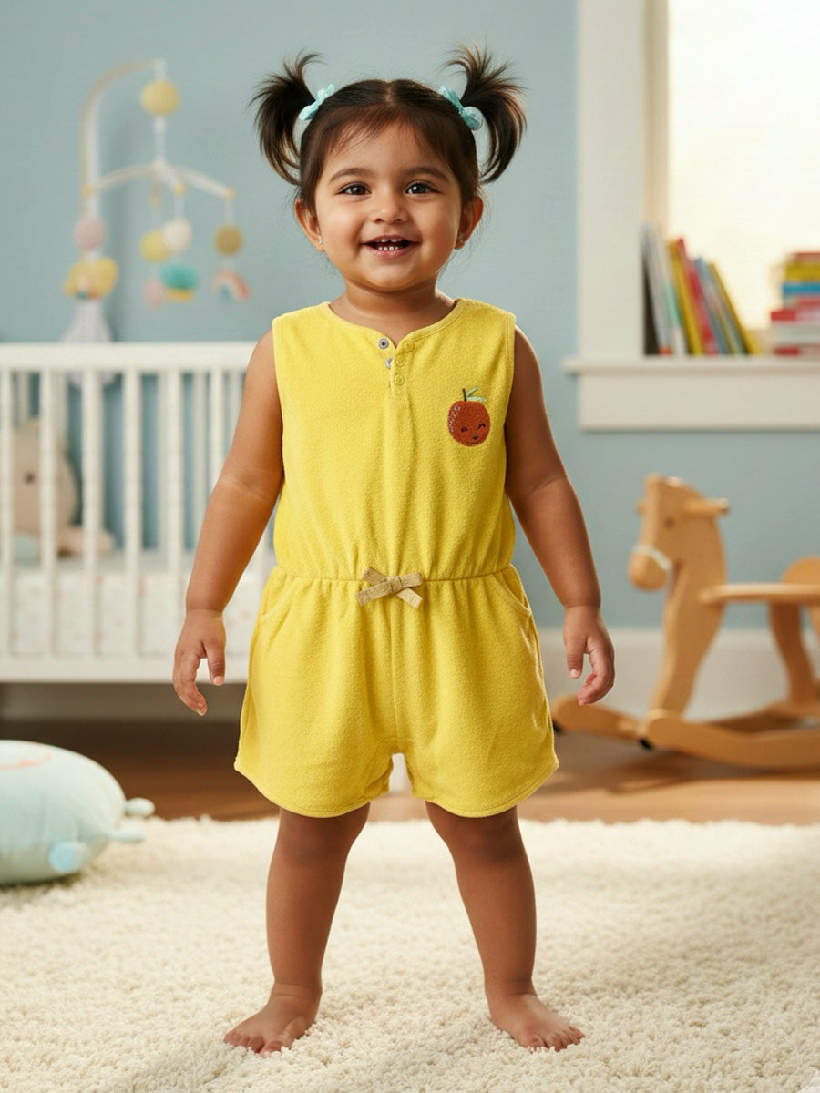 Yellow Color Jumpsuit in Terry Fabric with Orange Embroidery | 0–3M to 3Y