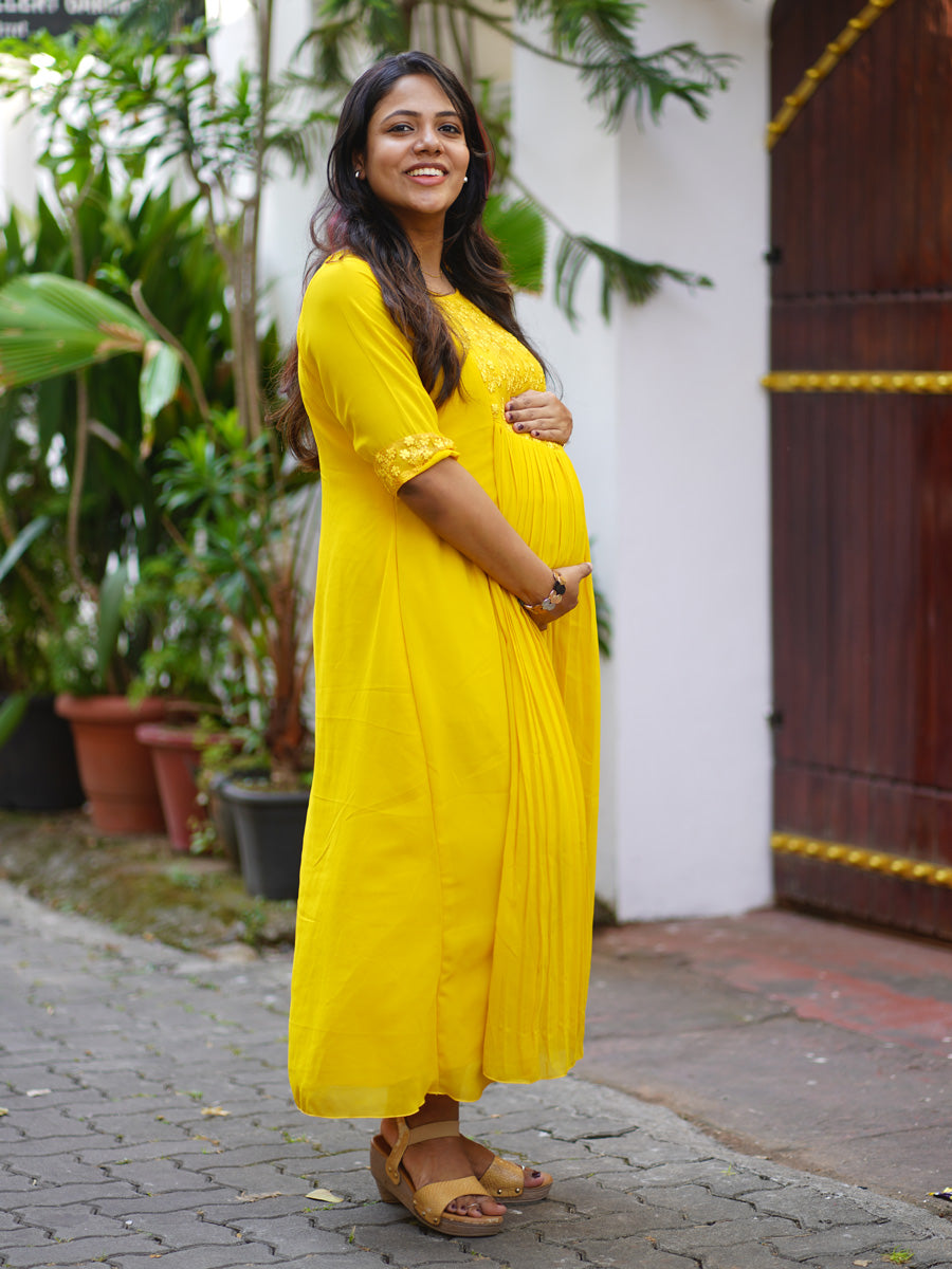 Sunshine Elegance Yellow Maternity Party-Wear Dress with D-Net Yoke