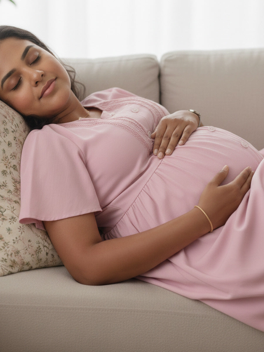 Pink Full-Open Short Maternity & Feeding Nighty – Elegant Plain Design