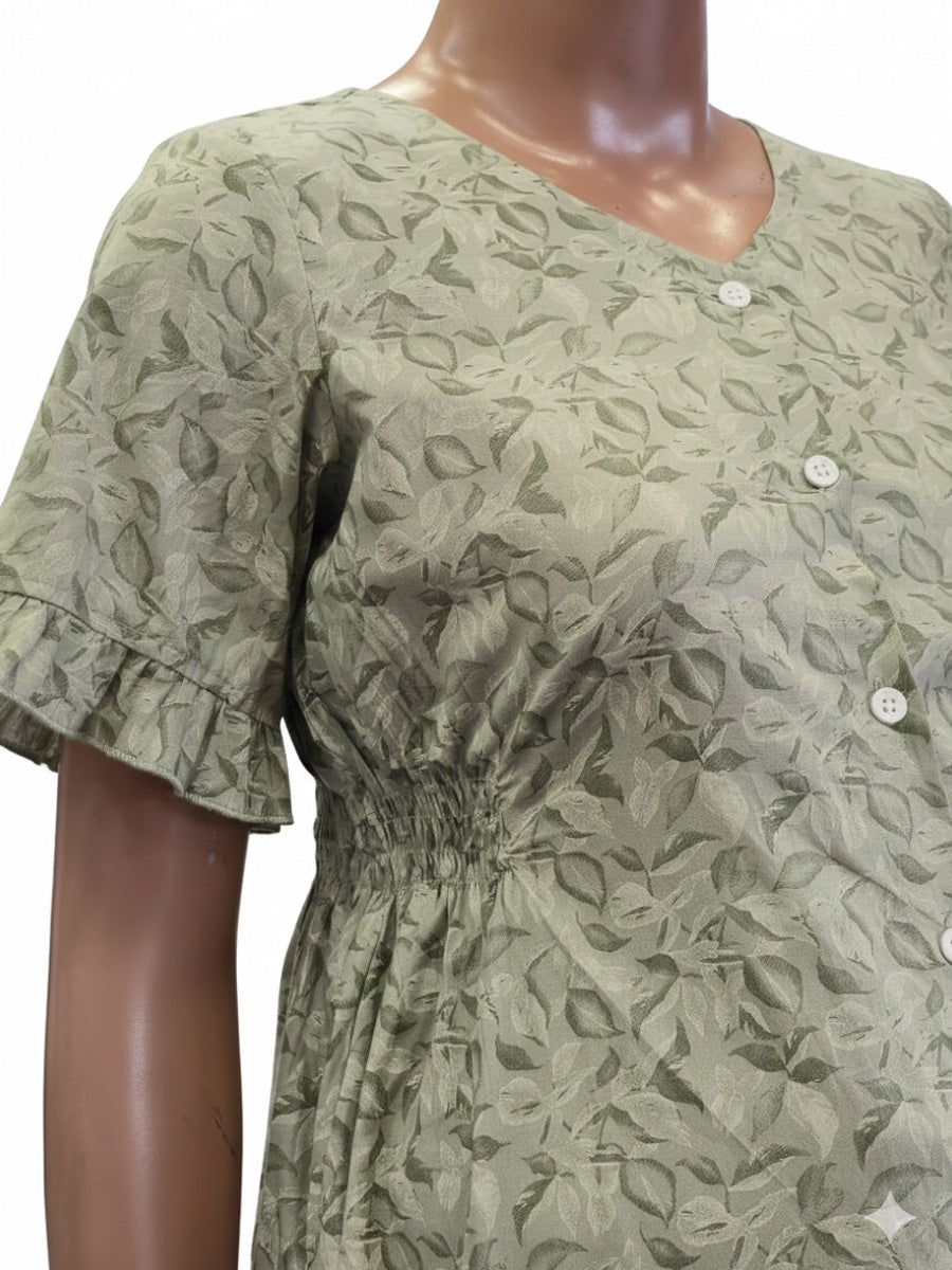 Full-Open Cotton Maternity & Nursing Nighty (Full Length) – Olive Green Leaf Print | Ziva
