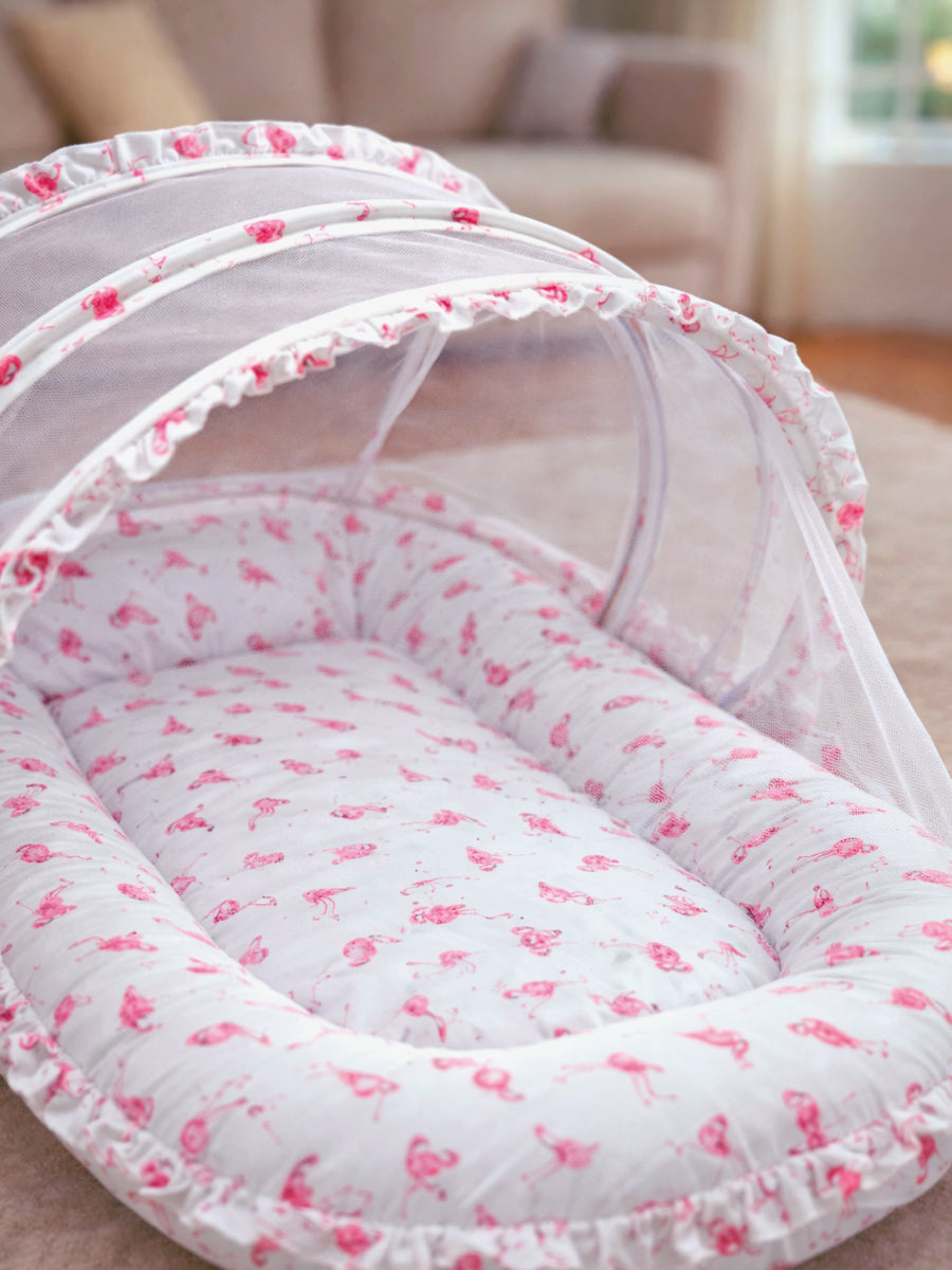 Ziva Cotton Baby Net Bed with Head Rest (Flamingo Pink Print on White Fabric)