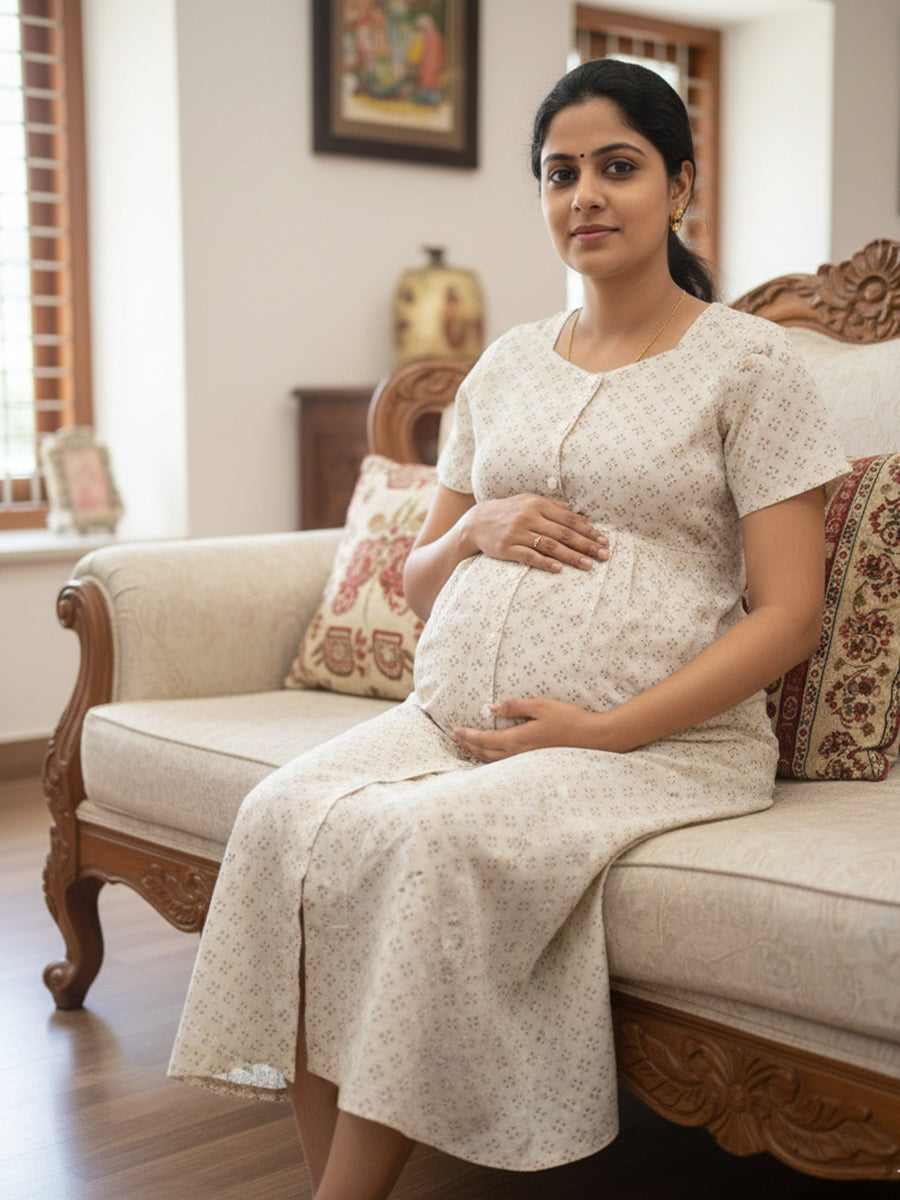 Ziva Cotton Full Open Short Maternity & Nursing Nighty – Cream Floral Print