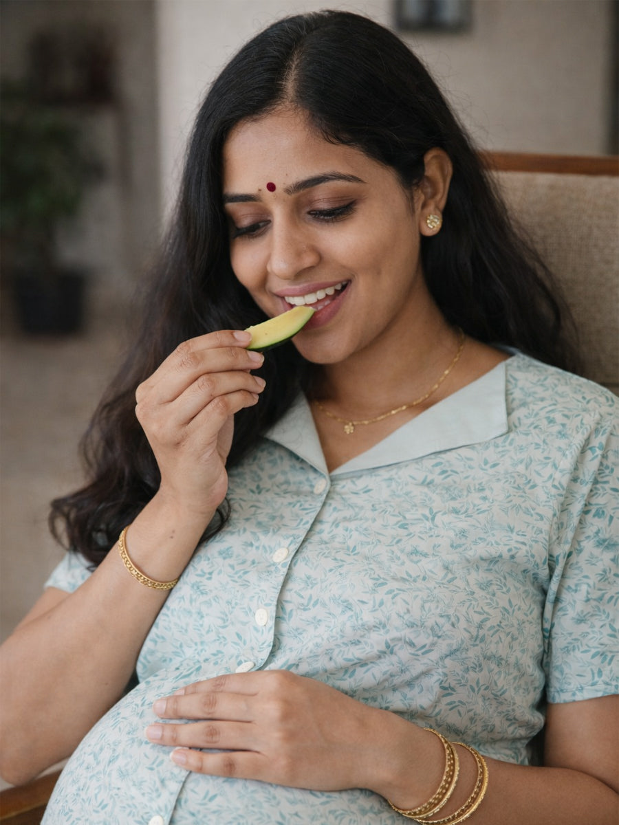 Cotton Full Open Maternity & Nursing Nighty – Light Blue-Grey Floral Print – Full Length