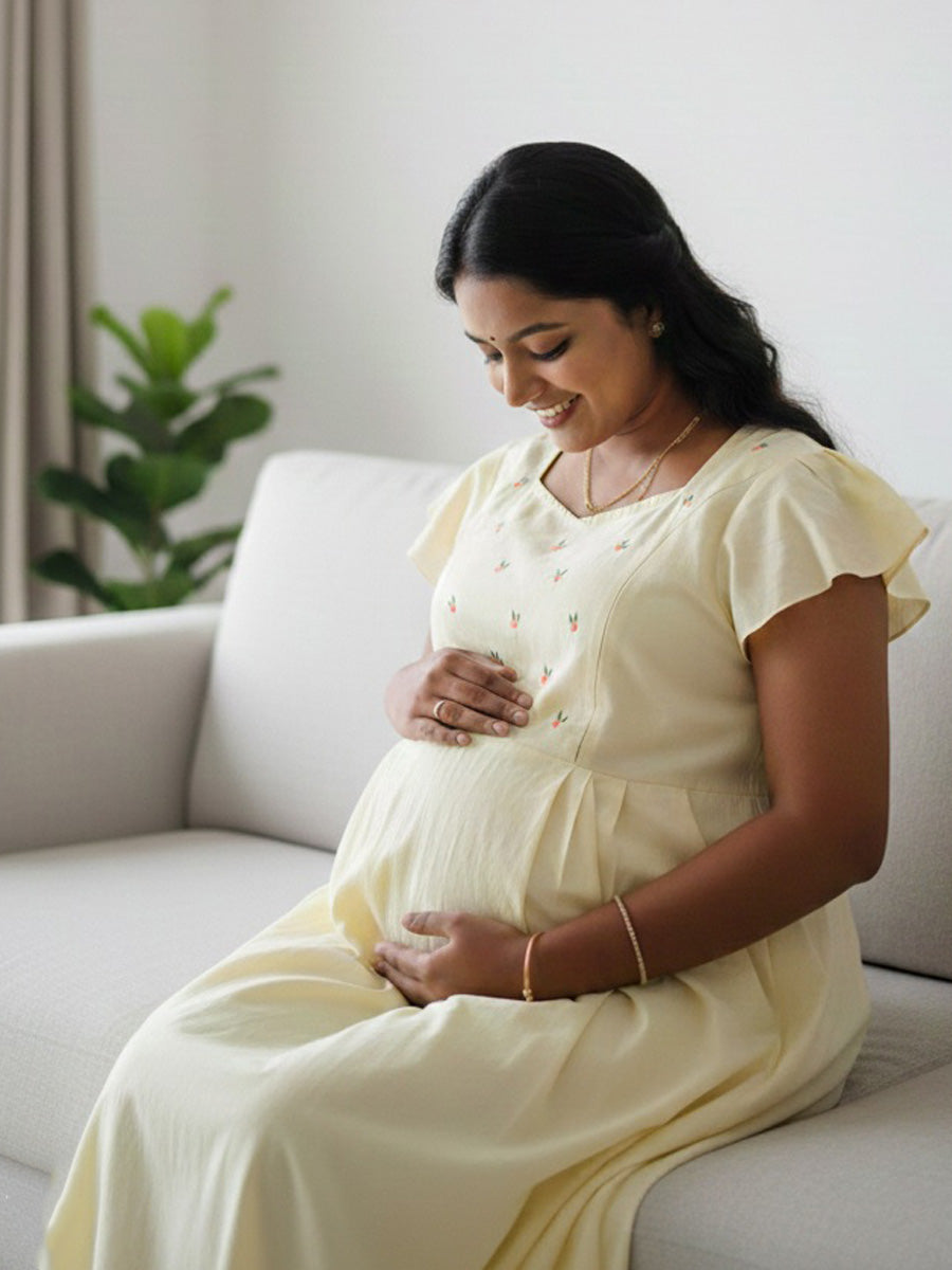 Yellow Plain Cotton Maternity & Nursing Dress with Flutter Sleeves | Ziva
