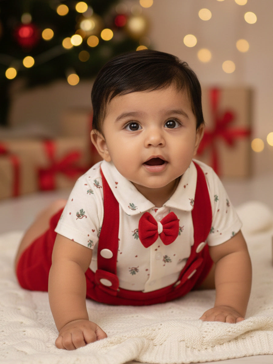 White Collared Shirt & Red Strap Shorts Baby Outfit – Festive & Stylish Set