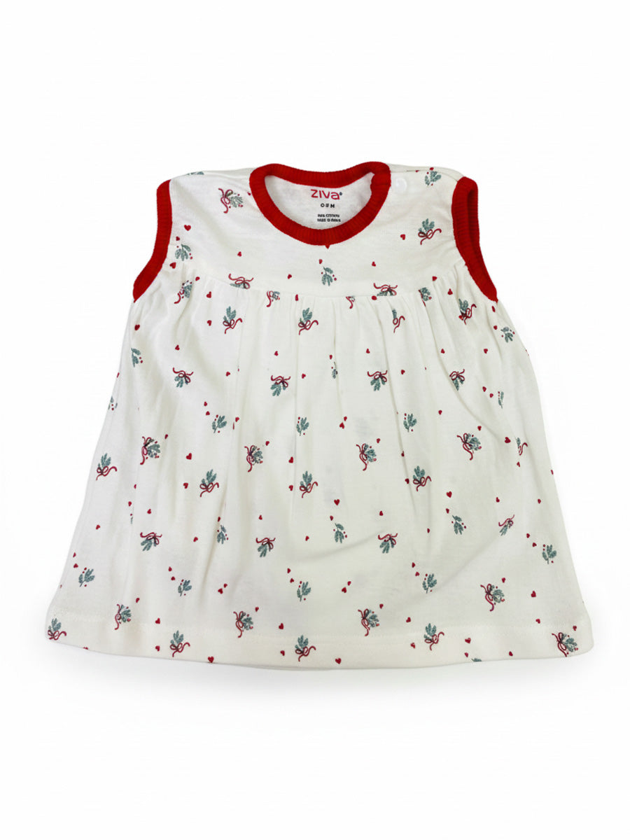 White Christmas Bow Print Baby Girl Sleeveless Dress with Built-In Bloomers