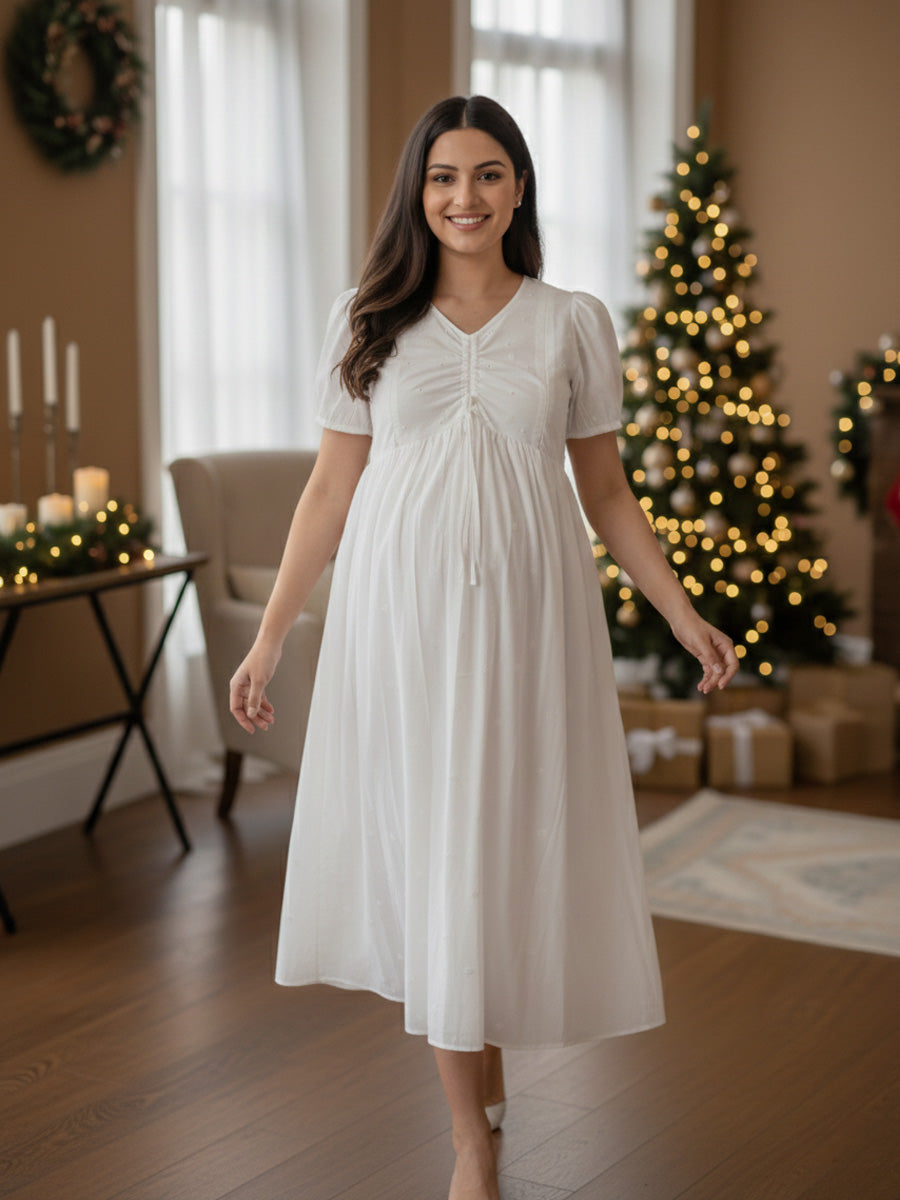 White Cotton Maternity & Feeding Dress with Bead & Thread Work – Christmas Edition