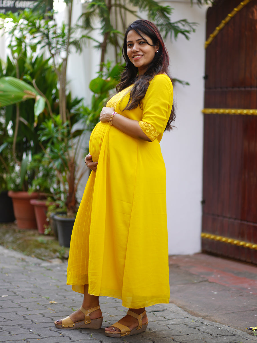 Sunshine Elegance Yellow Maternity Party-Wear Dress with D-Net Yoke